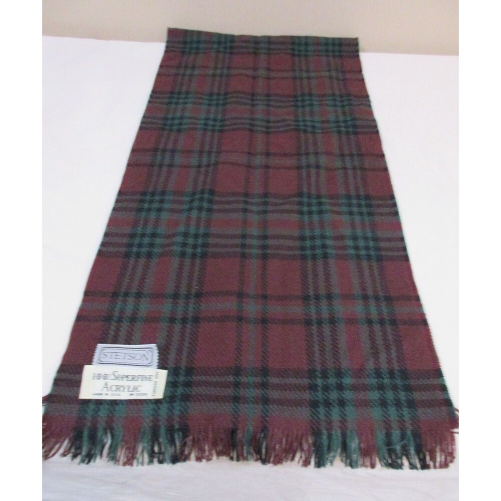 Vtg. Stetson Plaid Scarf Unisex Burgundy/Forest Green/Black 50"x12" Made in USA